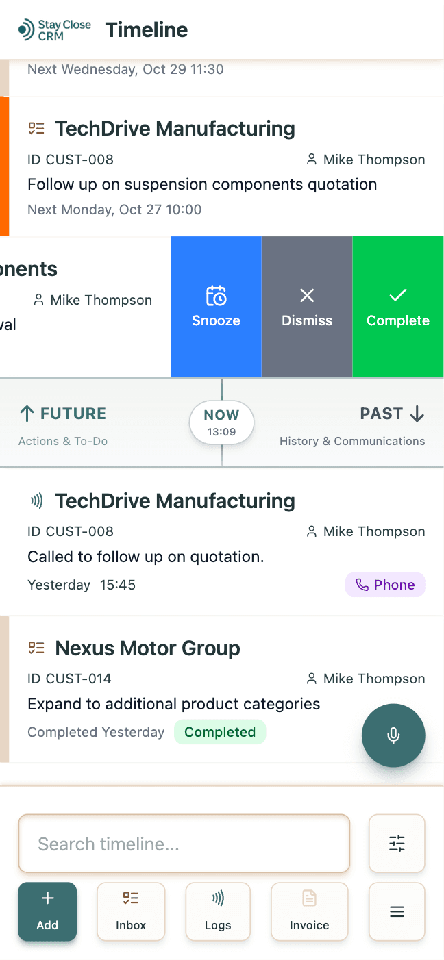 Daily Client Timeline - Stay Close CRM inbox showing client updates and follow-up reminders